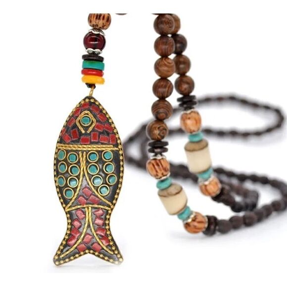 🐟 Vintage long wooden beaded attractive necklace 🐟 - Picture 2 of 4